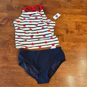 NWT Kids 2 pc Swimsuit Set Red white blue Stars Stripes size large 10